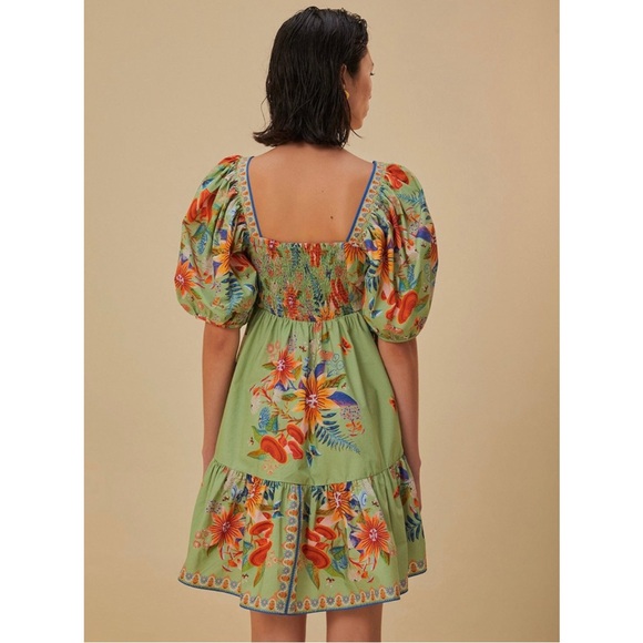FARM Rio NWT bright yard Green Floral Puff-Sleeve Square-Neck Mini Dress - Picture 3 of 5